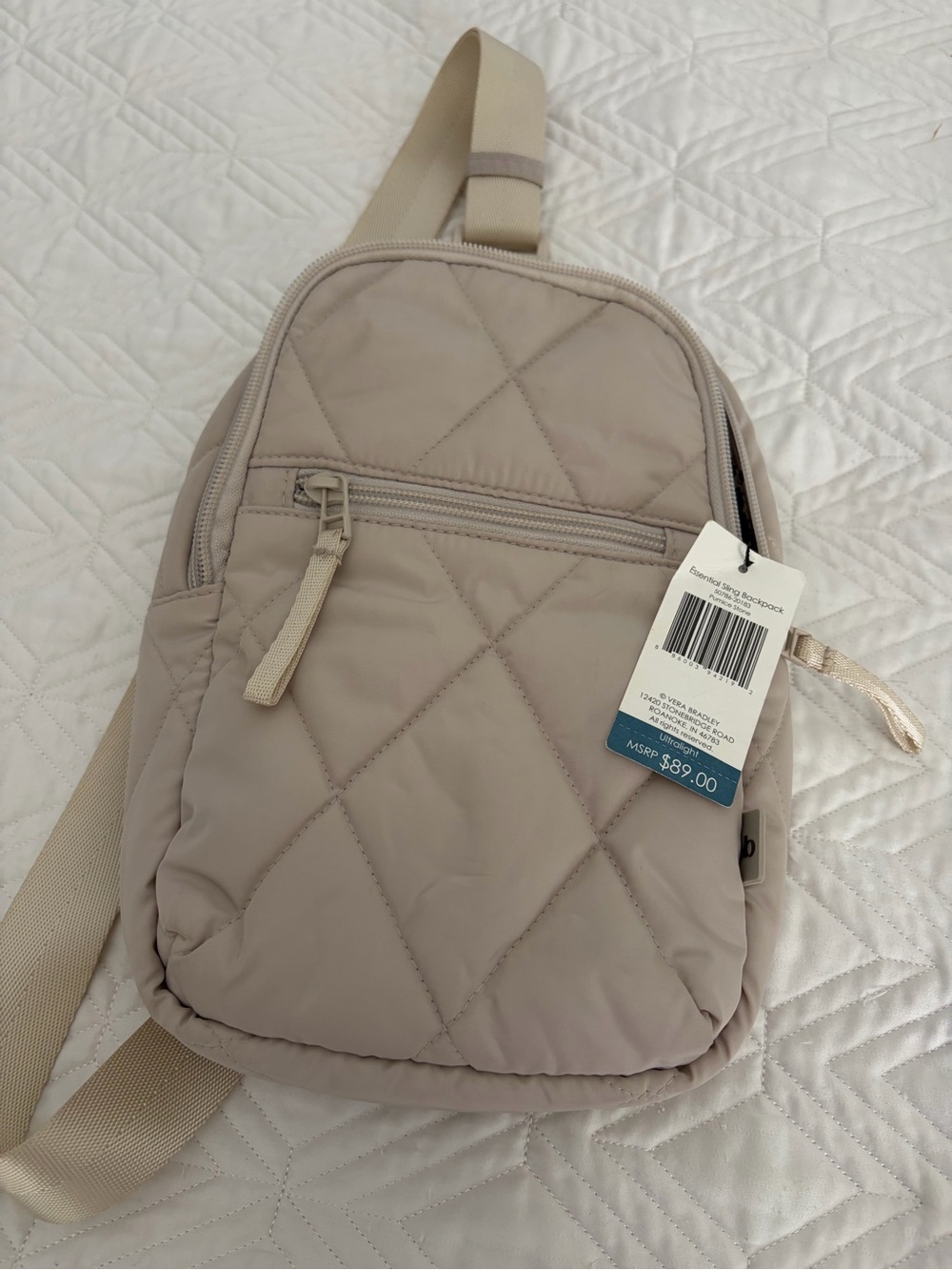 Vera Bradley Quilted Sling Backpack Bag in Light Beige